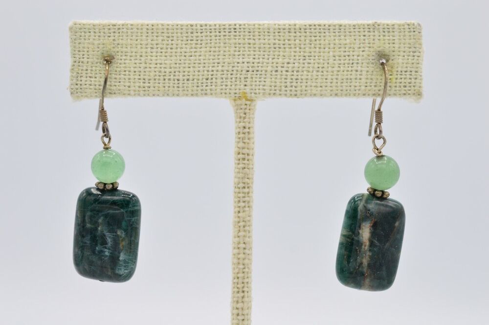 Vintage Statement Earrings Dangle Faux Jade Beaded Green Stone Marble 80s 9L